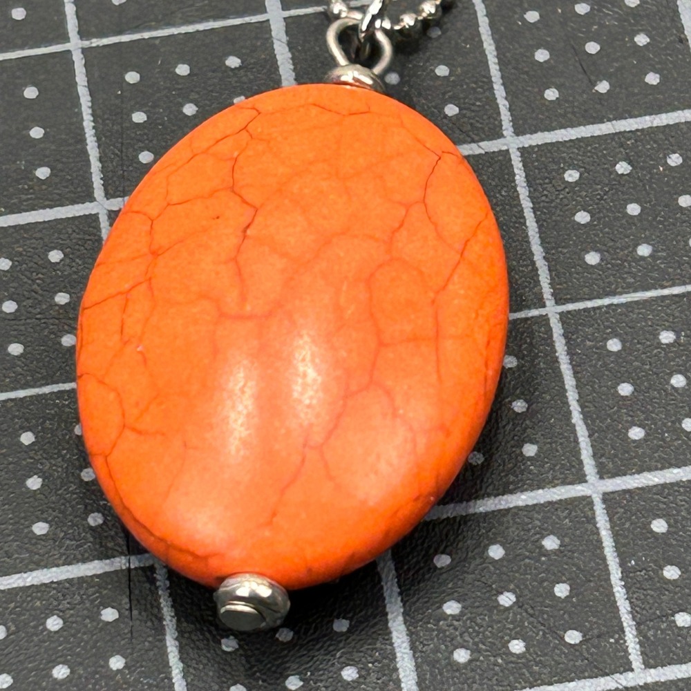 Orange Faux Turquoise Howlite Oval Pendant Necklace Silver Tone Ball Chain Boho